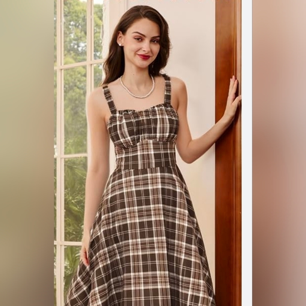 Belle Poque Defined Waist Ruched Bodice Flared Plaid A-Line Dress Brown Large